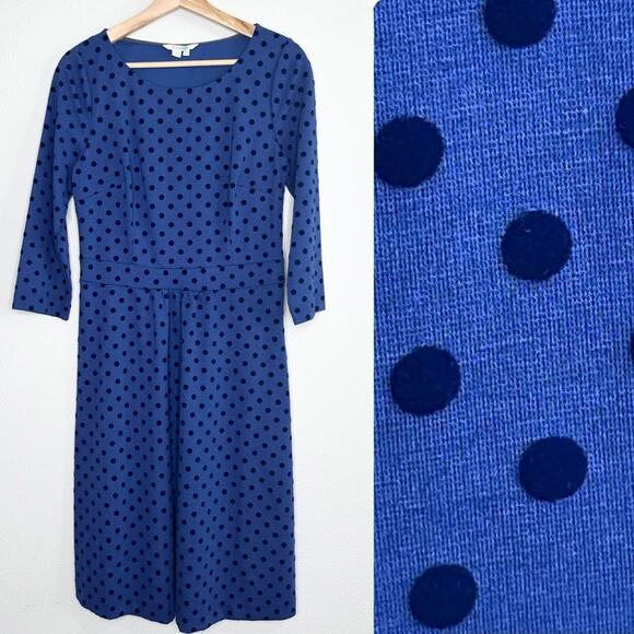 Boden Blue Flocked Spot Ponte Knit Dress Size 8L Blue Polka Dot - Picture 1 of 6